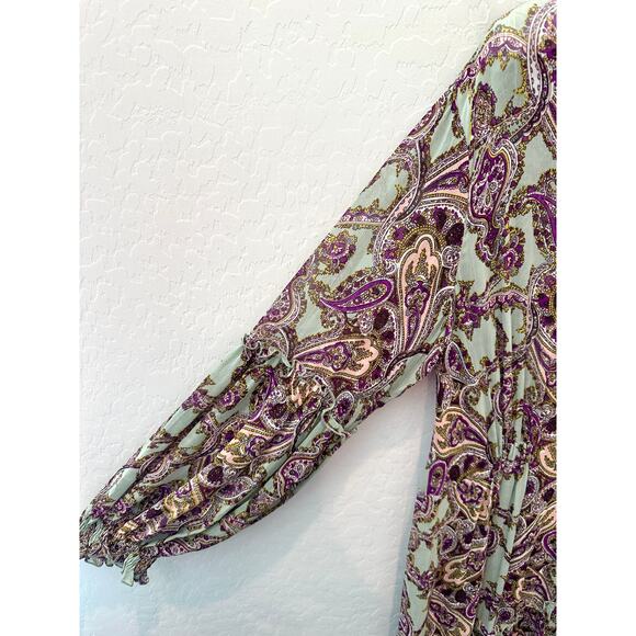 MISS JUNE | Paisley Maxi Dress Button Front Boho Long Sleeve Tiered Maxi | Large - Picture 3 of 7